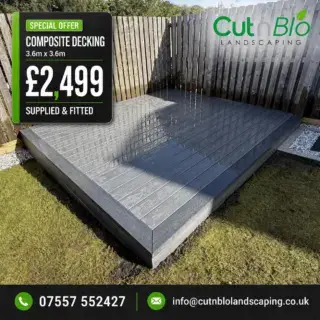 🔥 3.6m x 3.6m COMPOSITE DECK — FULLY SUPPLIED & FITTED FOR ONLY £2,499 🔥
A fully supplied and fitted 3.6m x 3.6m composite deck with no hidden fees!
✅ Heavy-duty 6x2 timber frame
✅ Joists fitted at 400mm centres
✅ Support posts secured into the ground
✅ Black Terram membrane installed
✅ Bullnose finishing boards
✅ Choice of 6 colours
✅ All materials supplied and fitted
✅ All installation waste removed
✅ Area left clean and tidy
Other sizes and designs can also be quoted.
Family-run landscaping company, established in 2014.
🔥 Limited spaces available on this deal! 🔥
Send us photos and measurements of your garden for a free quotation 👌
📲 WhatsApp: 07557 552427
📧 info@cutnblolandscaping.co.uk
Offer is subject to suitable access and standard ground conditions. Removal of existing decking or additional groundwork can be quoted separately.
